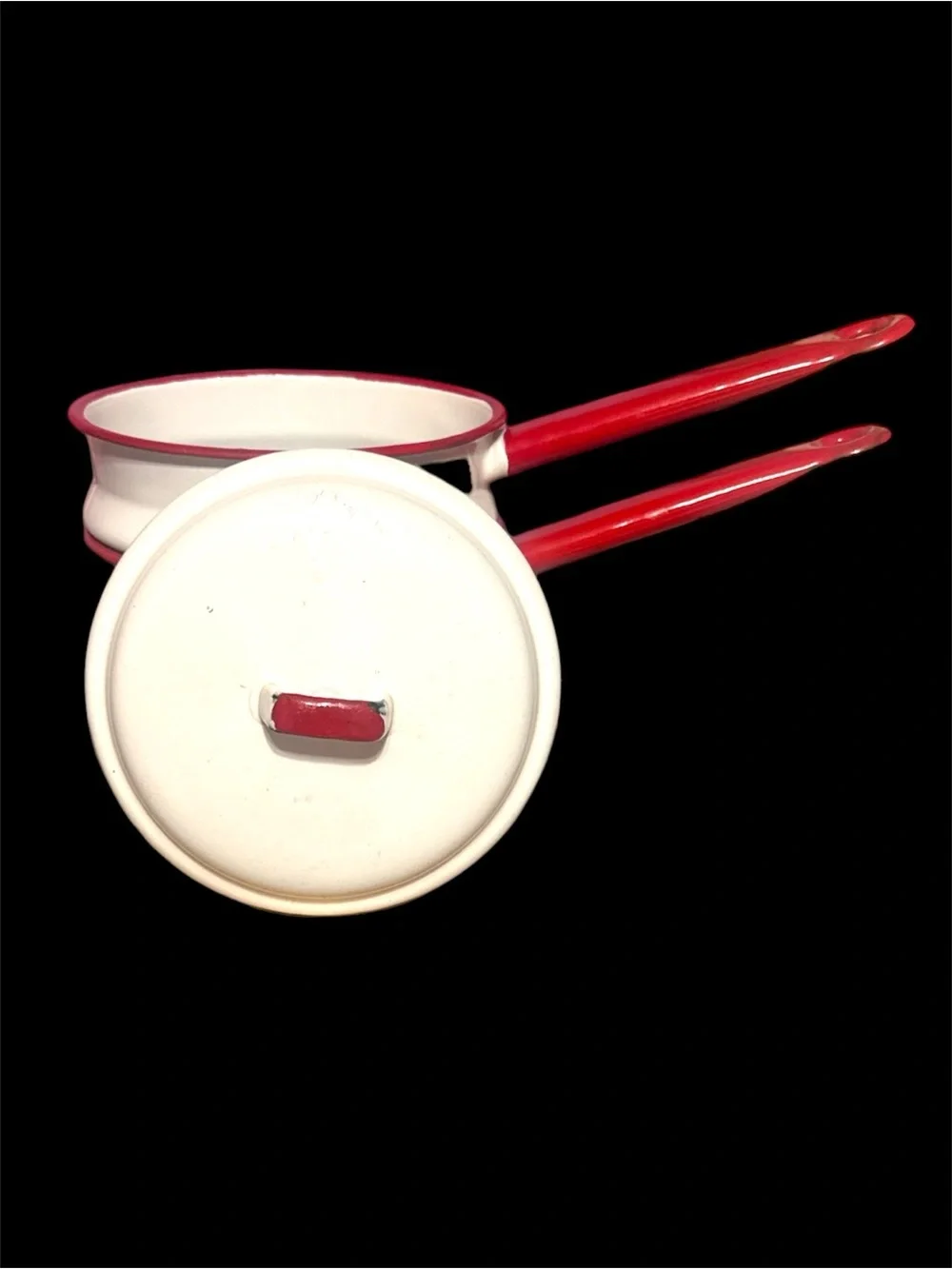 Vintage Enamelware Double Boiler Red White w/ Lid Farmhouse Kitchen